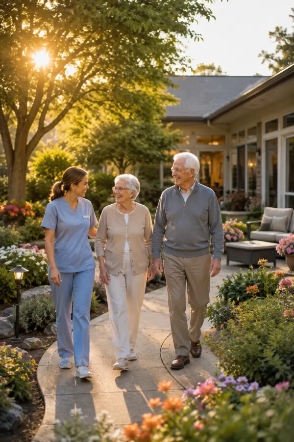 Residents enjoying morning walks and garden relaxation