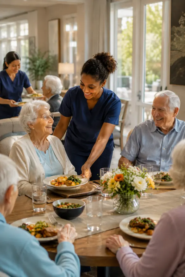 Residents sharing a meal together