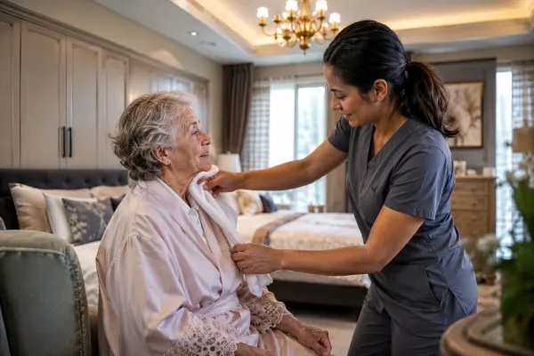 Caregiver assisting a resident with daily routines