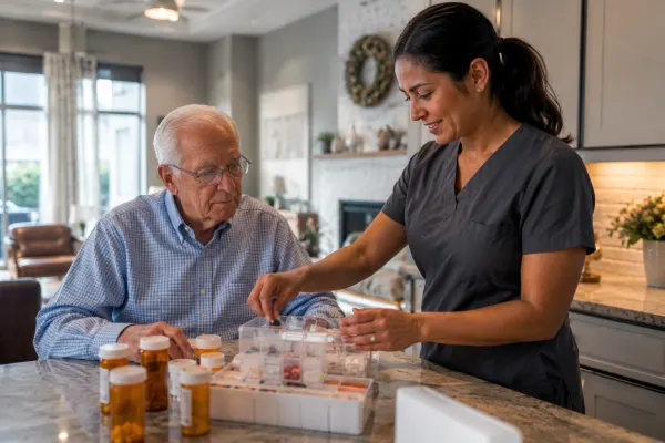 Caregiver managing medication for a resident